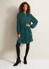 Green Ditzy Print Pleated Midi Dress With Long Sleeves - Green