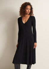 Black Fit & Flare Dress with V-Neck & Long Sleeves - Black