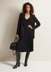 Black Fit & Flare Dress with V-Neck & Long Sleeves - Black