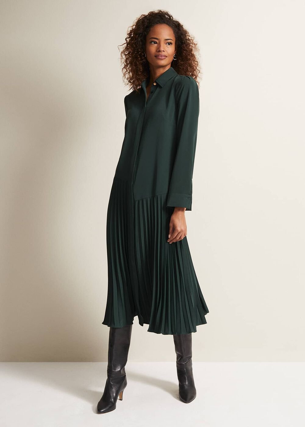 Helena Pleated Shirt Midi Dress - Dark Green