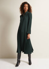 Helena Pleated Shirt Midi Dress - Dark Green