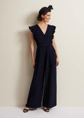 V-Neck Wide Leg Jumpsuit with Frill Sleeves in Dark Navy - Navy