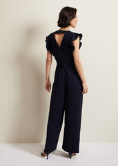 V-Neck Wide Leg Jumpsuit with Frill Sleeves in Dark Navy - Navy