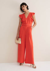 Kallie V Neck Frill Jumpsuit - Orange