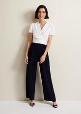 Black & White Jumpsuit with Wrap Bodice & Tie Detail - Navy/Ivory