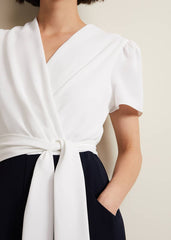 Black & White Jumpsuit with Wrap Bodice & Tie Detail - Navy/Ivory