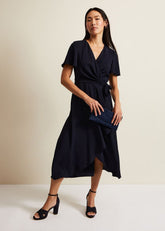 Navy Frill Wrap Dress with V-Neck & Fluted Sleeves - Navy