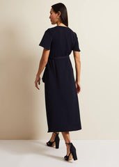Navy Frill Wrap Dress with V-Neck & Fluted Sleeves - Navy