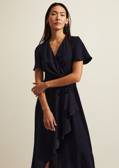 Navy Frill Wrap Dress with V-Neck & Fluted Sleeves - Navy