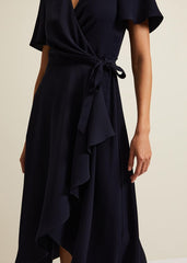 Navy Frill Wrap Dress with V-Neck & Fluted Sleeves - Navy