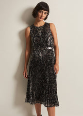 Simara Leopard Sequin Pleated Midi Dress - Multi-Coloured
