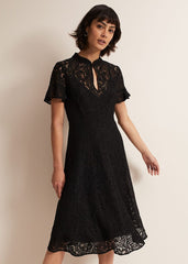 Black Short Sleeve Lace Midi Dress with Keyhole Neckline - Black