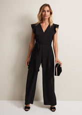 Kallie V Neck Frill Jumpsuit - Black