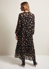 Leopard Print Midi Dress With Semi Sheer Long Sleeves - Black Multi