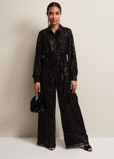 Petite Alessandra Black Sequin Jumpsuit - Black