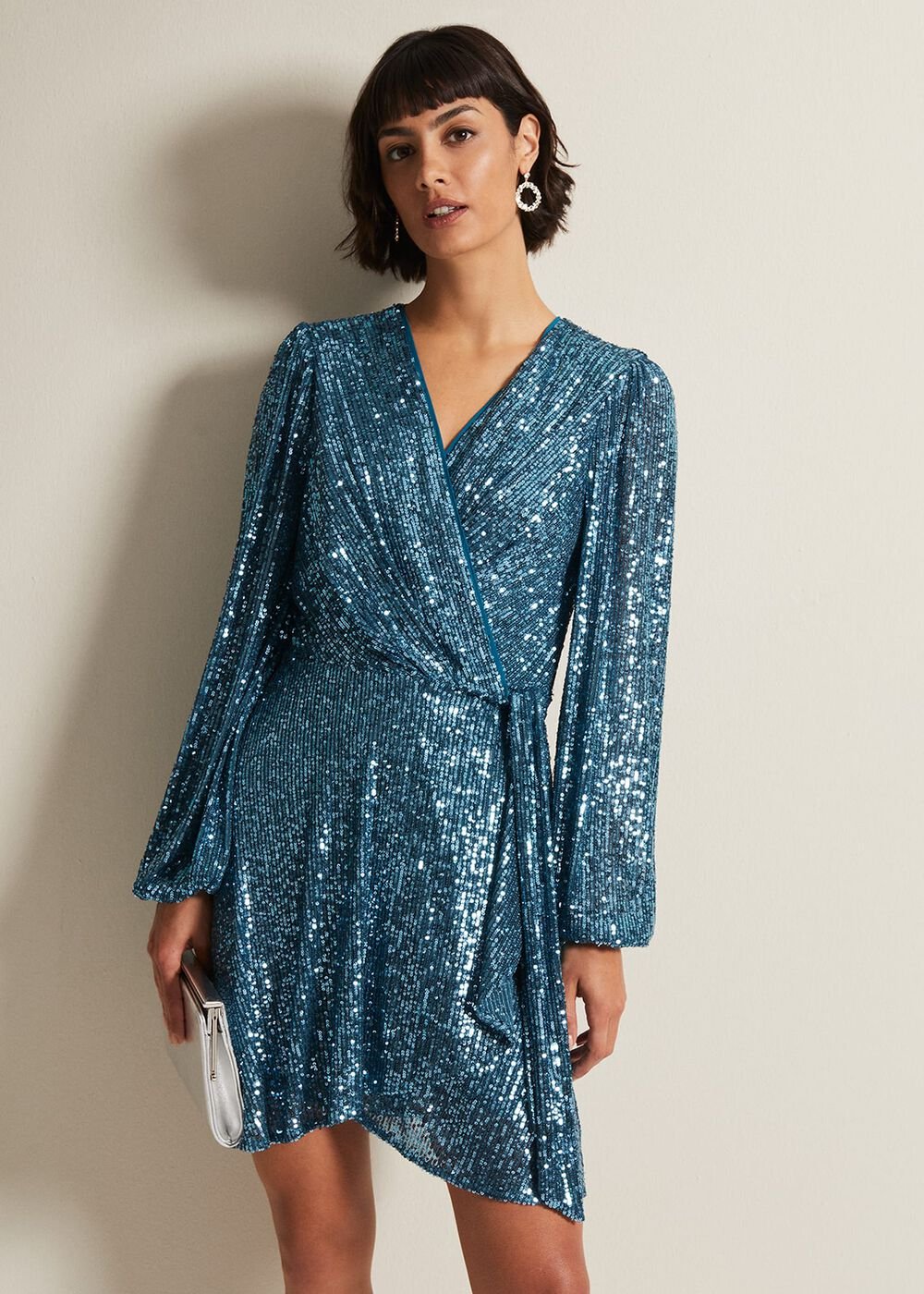 Carissa Teal Sequin Wrap Mini Dress - Teal
