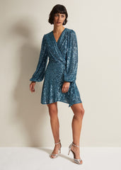 Carissa Teal Sequin Wrap Mini Dress - Teal