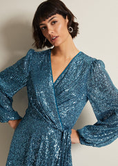 Carissa Teal Sequin Wrap Mini Dress - Teal