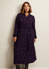 Purple Floral Button Up Midi Dress With Long Sleeves - Black/Multi