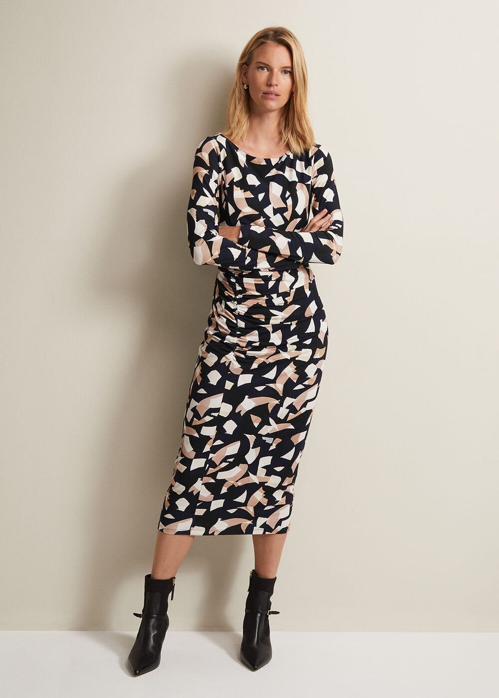 Jordana Geo Ruched Midi Dress - Navy