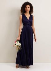 Bonnie Pleat Wrap Satin Maxi Dress - Navy