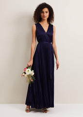 Bonnie Pleat Wrap Satin Maxi Dress - Navy