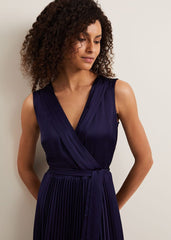 Bonnie Pleat Wrap Satin Maxi Dress - Navy