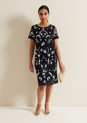 Petite Florisa Embroidered Dress - Navy
