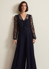 Mariposa Cream Lace Jumpsuit - Navy