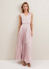 Bonnie Pleat Wrap Satin Maxi Dress - Pink