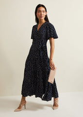 Jenna Black Spot Wrap Midaxi Dress - Navy/Ivory