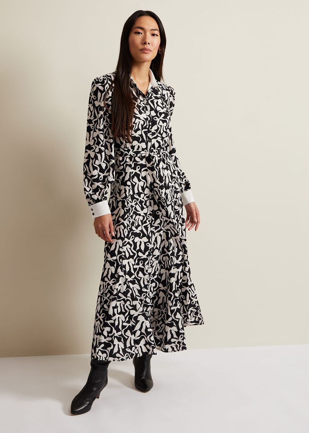 Bonnie Black Bow Shirt Midi Dress - Black/Ivory