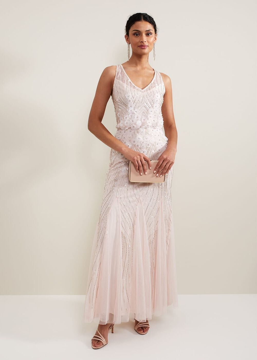Lexi Ditsy Beaded Cowl Maxi Dress - Pale Pink