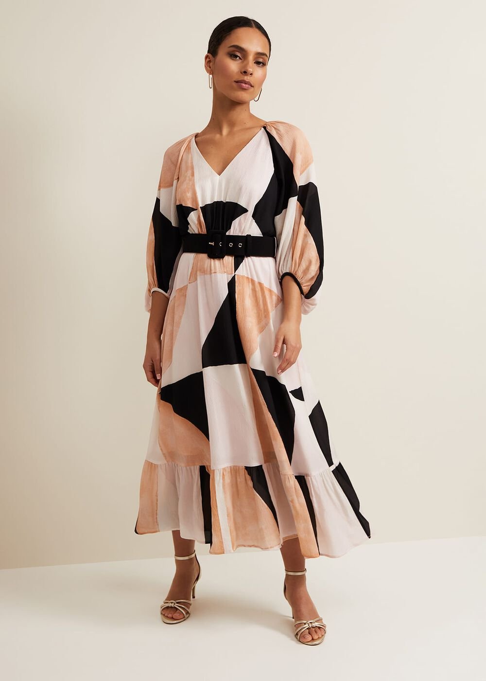 Petite Sophia Colour Block Belted Dress - Multi-Coloured