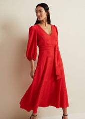 Marilyn Puff Sleeve Midi Dress - Orange