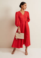 Petite Marilyn Puff Sleeve Midi Dress - Orange