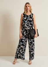 Aubrey Leaf Print Jumpsuit - Black/Multi
