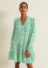 Penele Leaf Print Swing Dress - Green