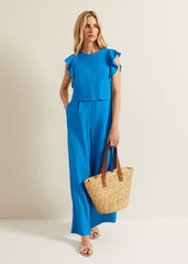 Aubrey Blue Linen Frill Jumpsuit - Blue