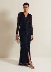 Shannia Ruched Shimmer Maxi Dress - Blue