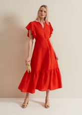 Morgan Red Linen Midi Dress - Red