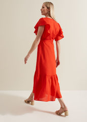 Morgan Red Linen Midi Dress - Red