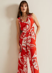 Suzie Leaf Print Jumpsuit - Red