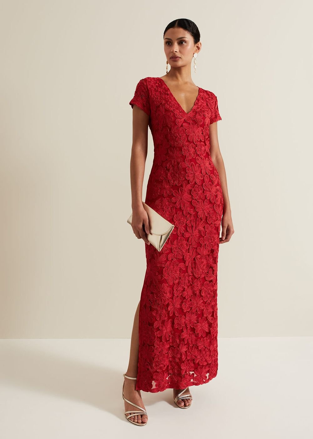 Janice Red Tapework Maxi Dress - Red