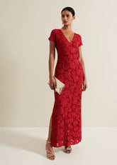 Janice Red Tapework Maxi Dress - Red
