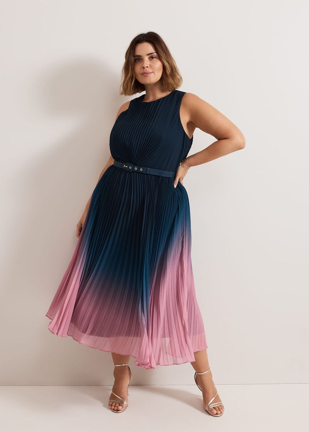 Simara Ombre Chiffon Midi Pleat Dress - Multi-Coloured
