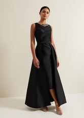 Yisanne Black Satin Embelished Dress - Black