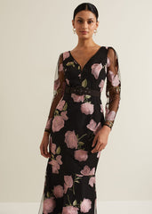 Genny Floral Print Embroidered Maxi Dres - Multi-Coloured