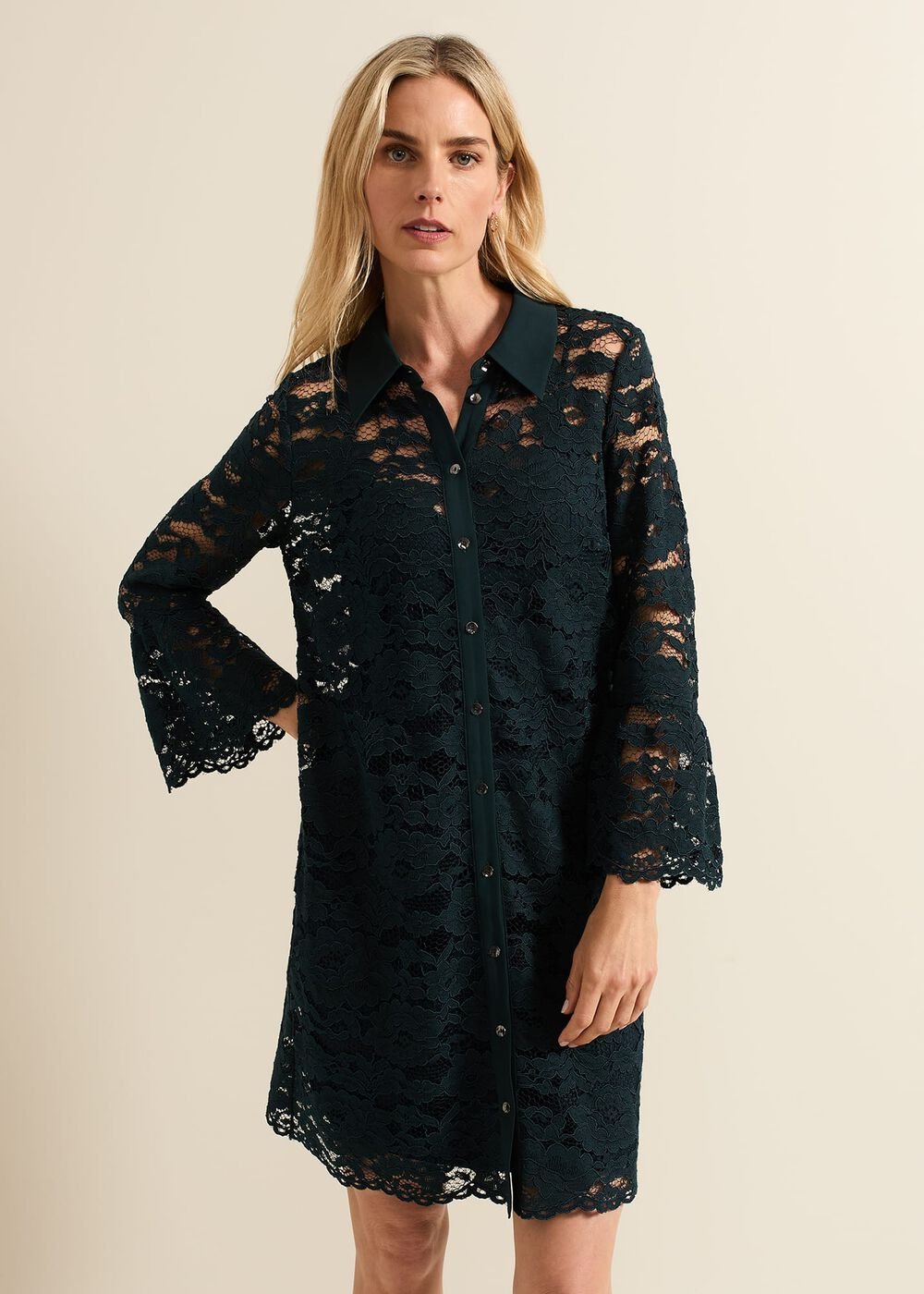 Rojina Teal Lace Shirt Dress - Teal