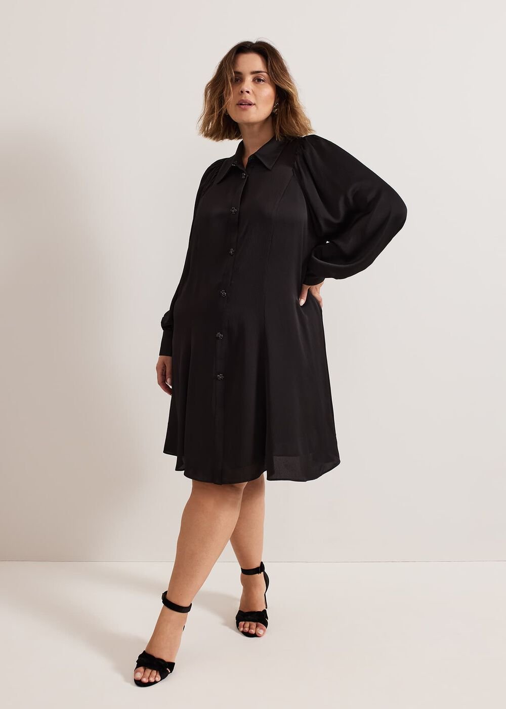 Tila Black Satin Embellished Shirt Dress - Black